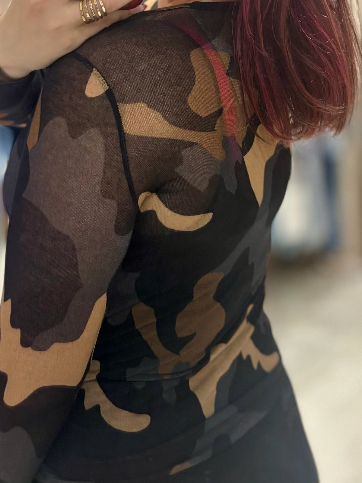 Camo Print Cashmere Blend Sheer Knit Top | Navy