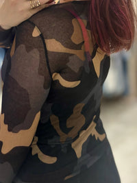 Camo Print Cashmere Blend Sheer Knit Top | Navy