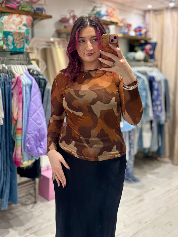 Camo Print Cashmere Blend Sheer Knit Top | Rust