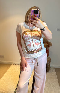 Flamingo Print Fitted Stretch T-Shirt | White