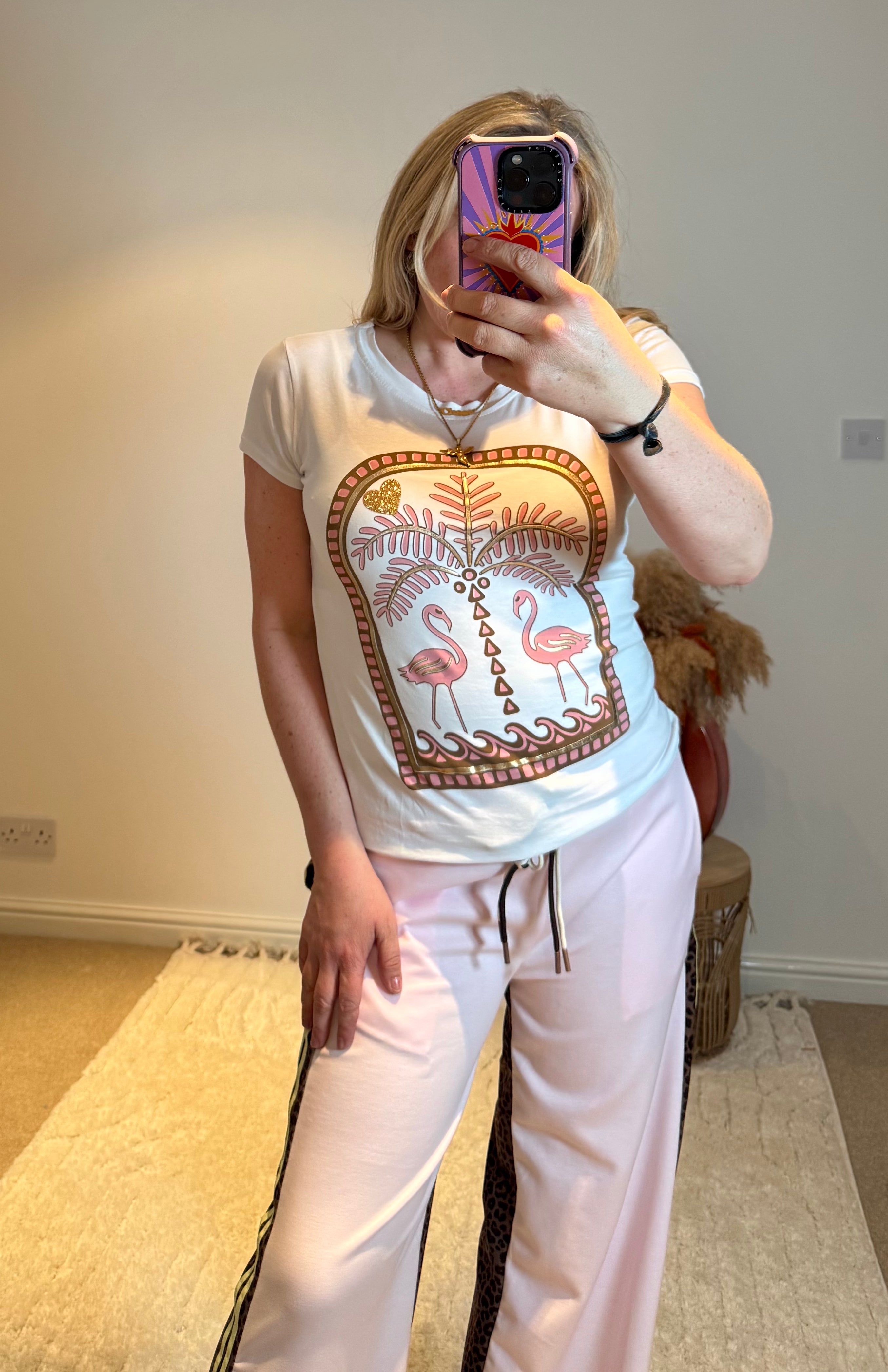 Flamingo Print Fitted Stretch T-Shirt | White