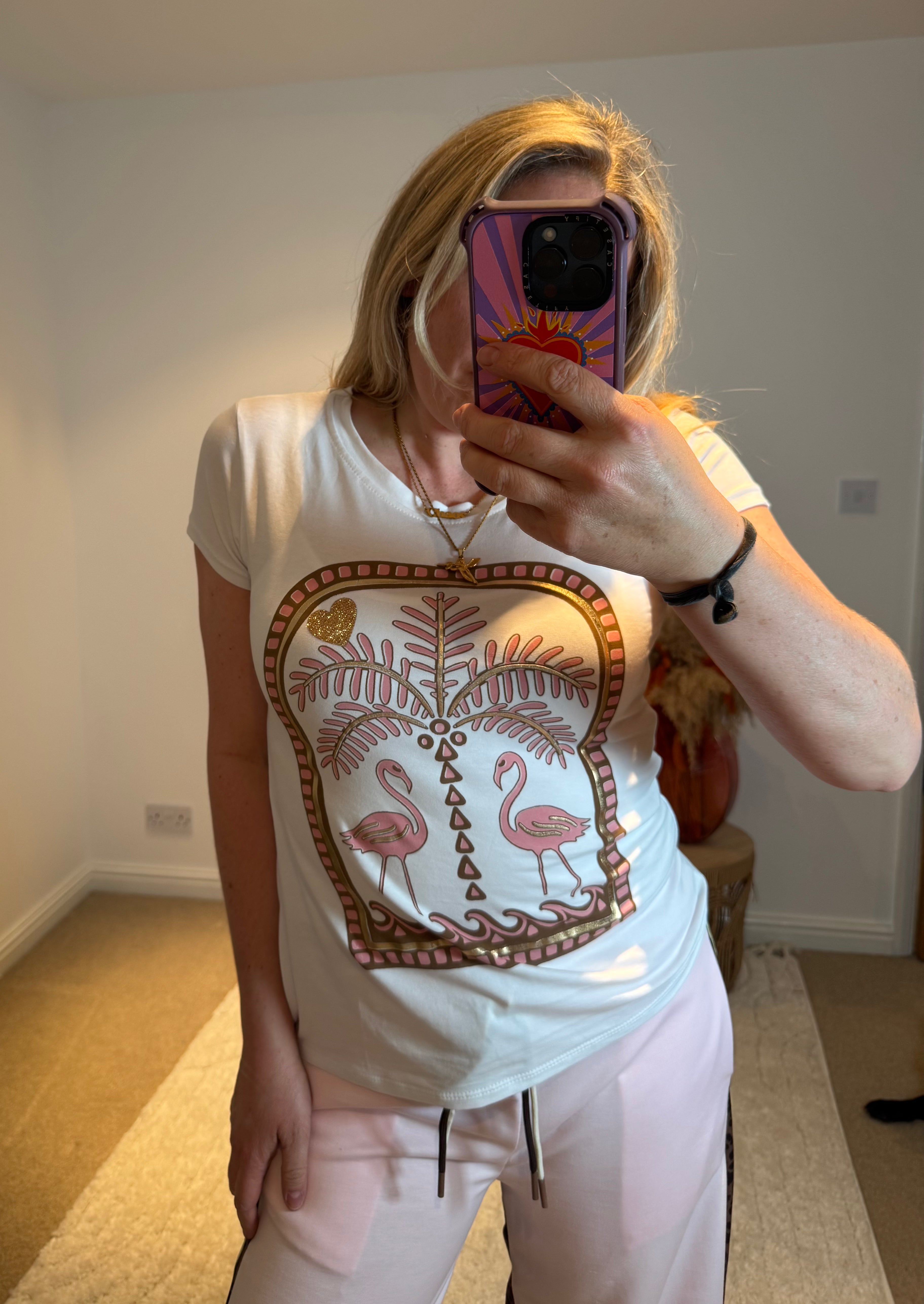 Flamingo Print Fitted Stretch T-Shirt | White