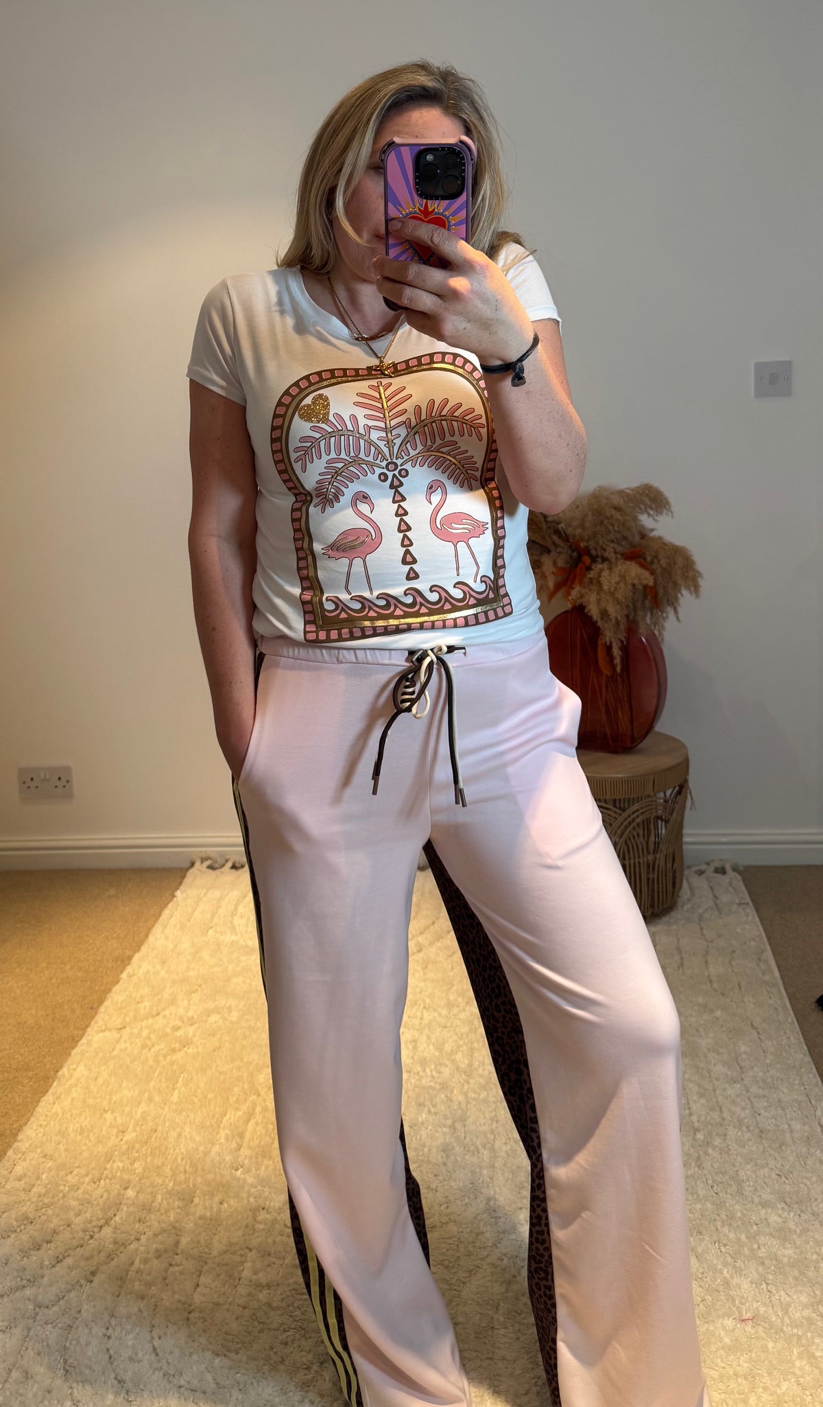 Flamingo Print Fitted Stretch T-Shirt | White