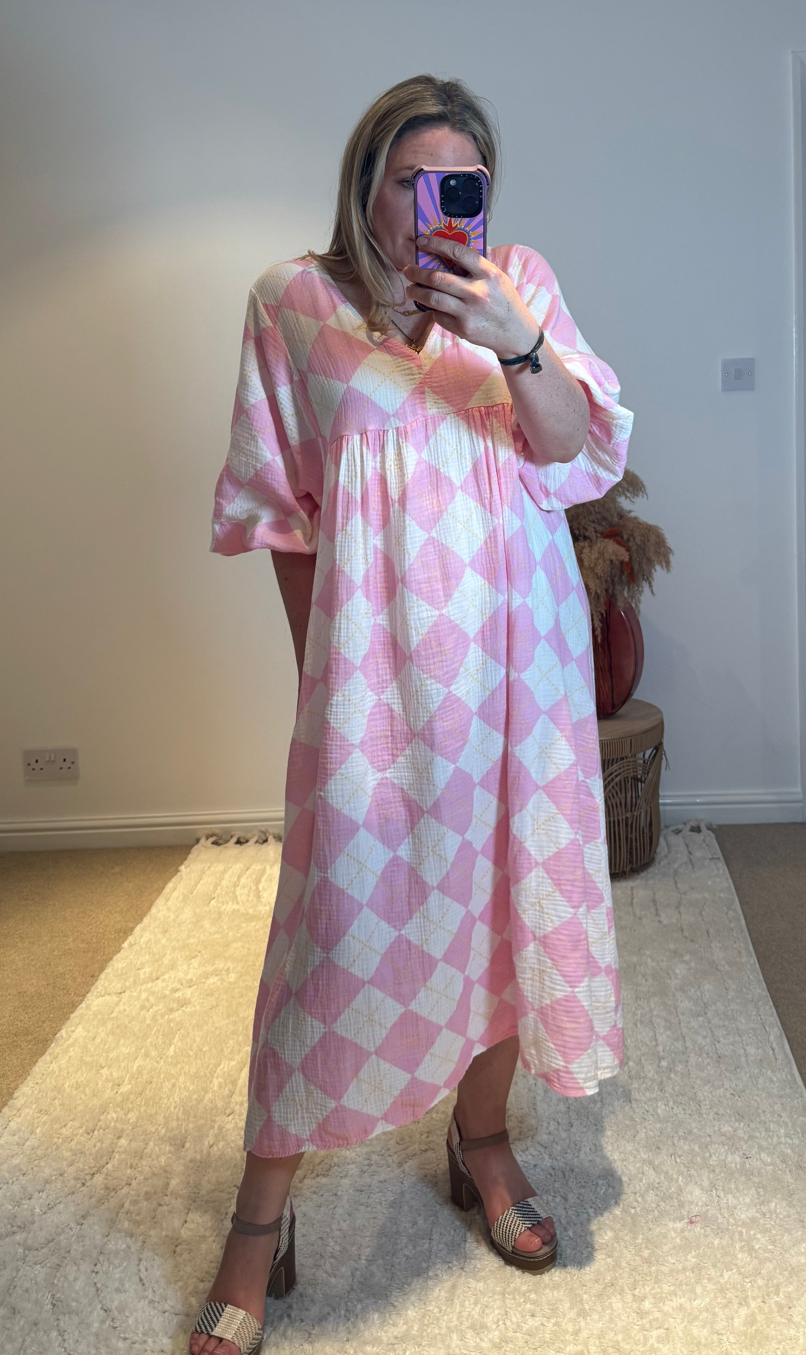 Checked Cheesecloth Long Smock Dress | Pale Pink
