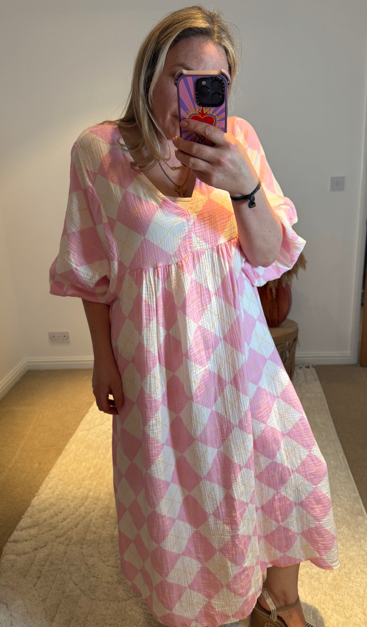 Checked Cheesecloth Long Smock Dress | Pale Pink