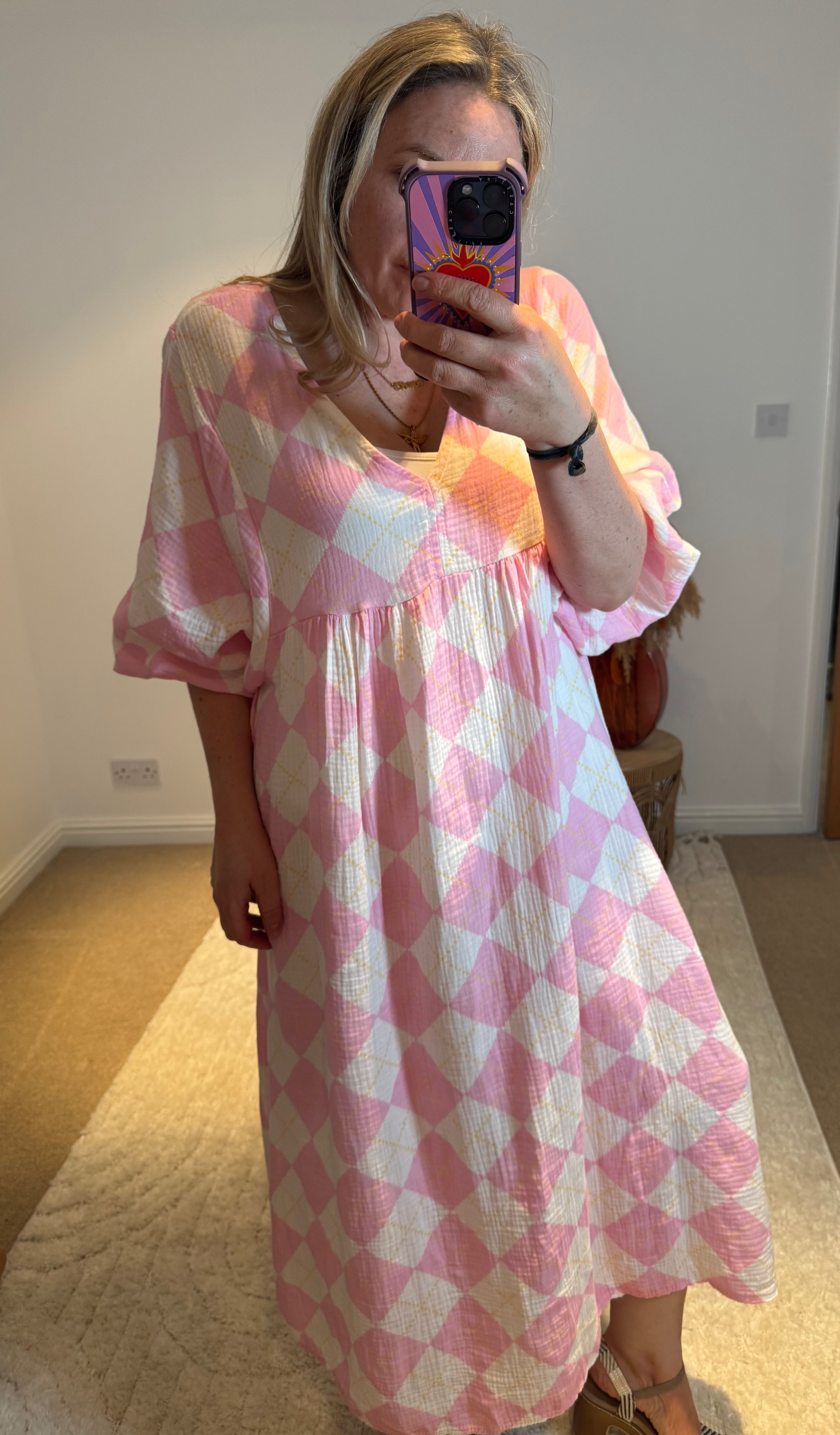 Checked Cheesecloth Long Smock Dress | Pale Pink