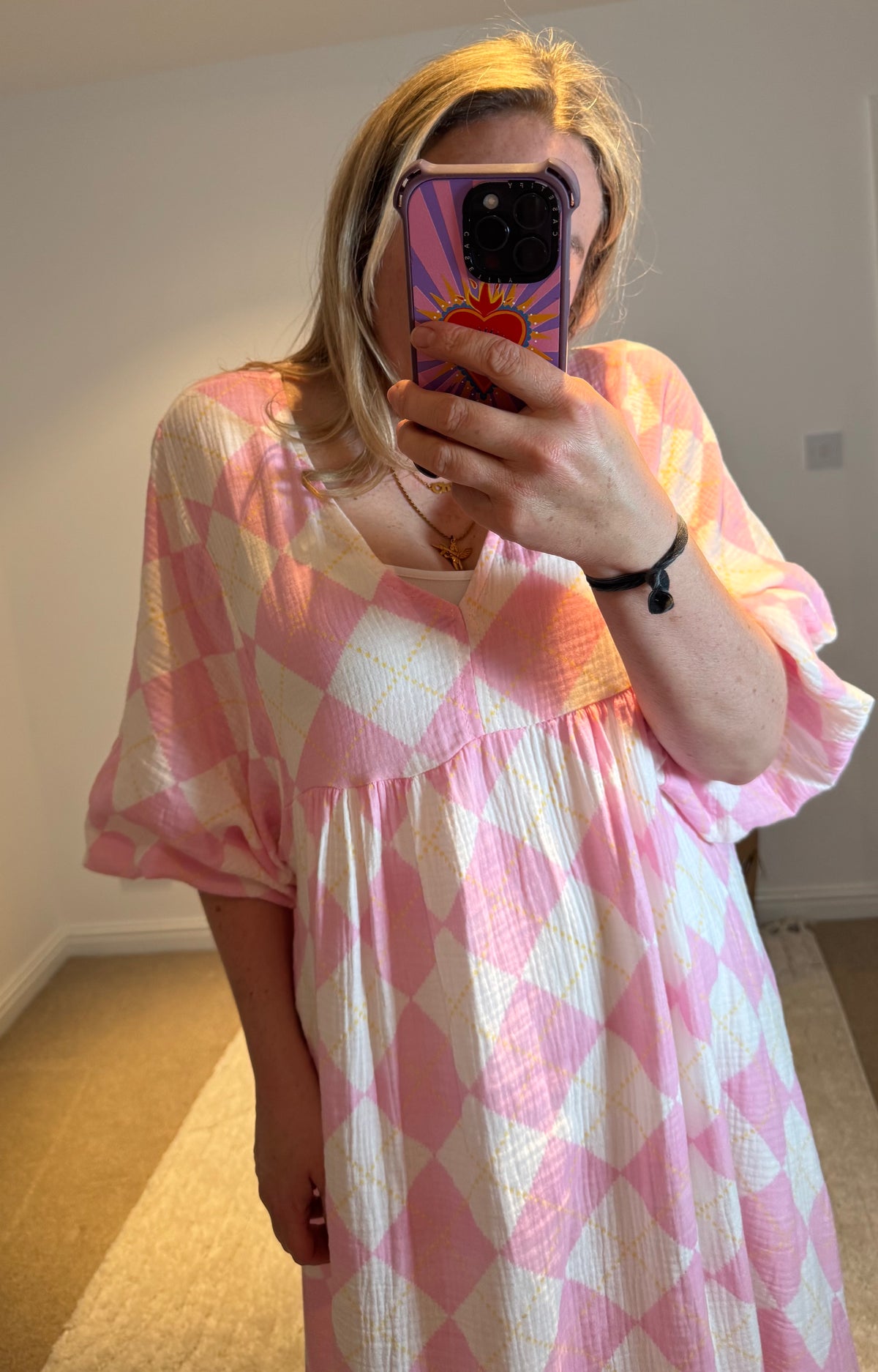 Checked Cheesecloth Long Smock Dress | Pale Pink