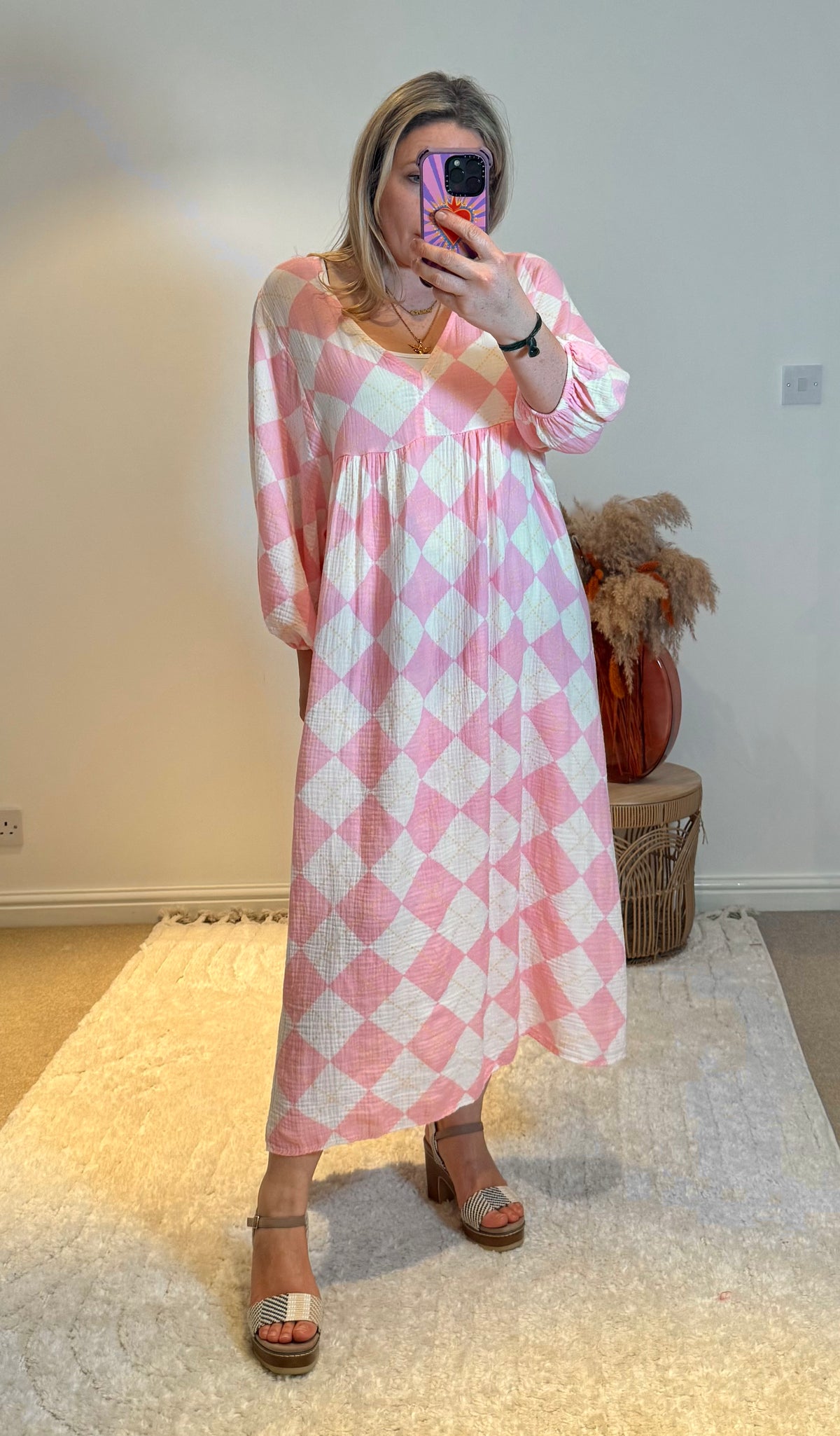 Checked Cheesecloth Long Smock Dress | Pale Pink