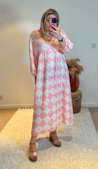 Checked Cheesecloth Long Smock Dress | Pale Pink