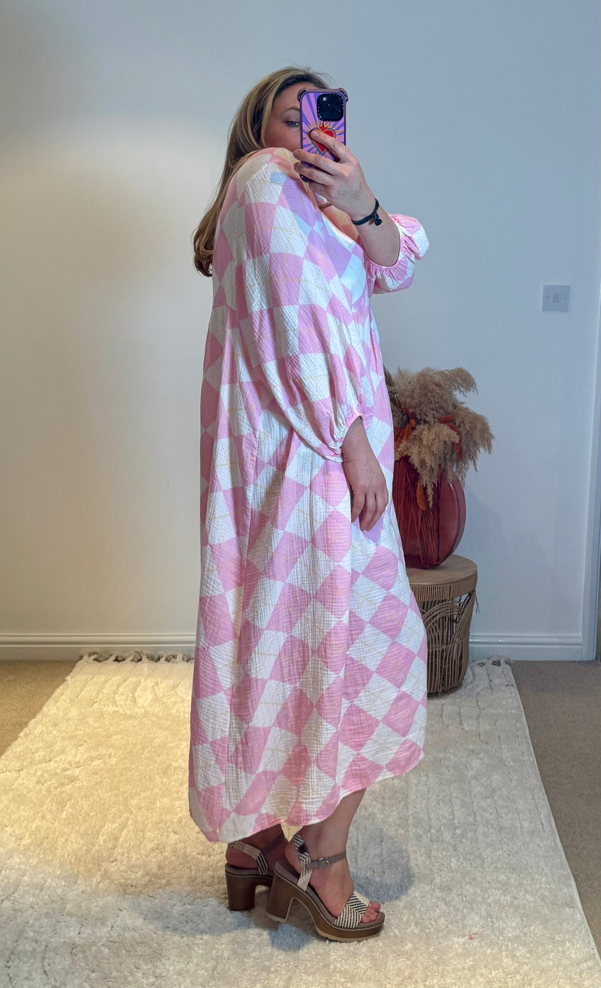 Checked Cheesecloth Long Smock Dress | Pale Pink