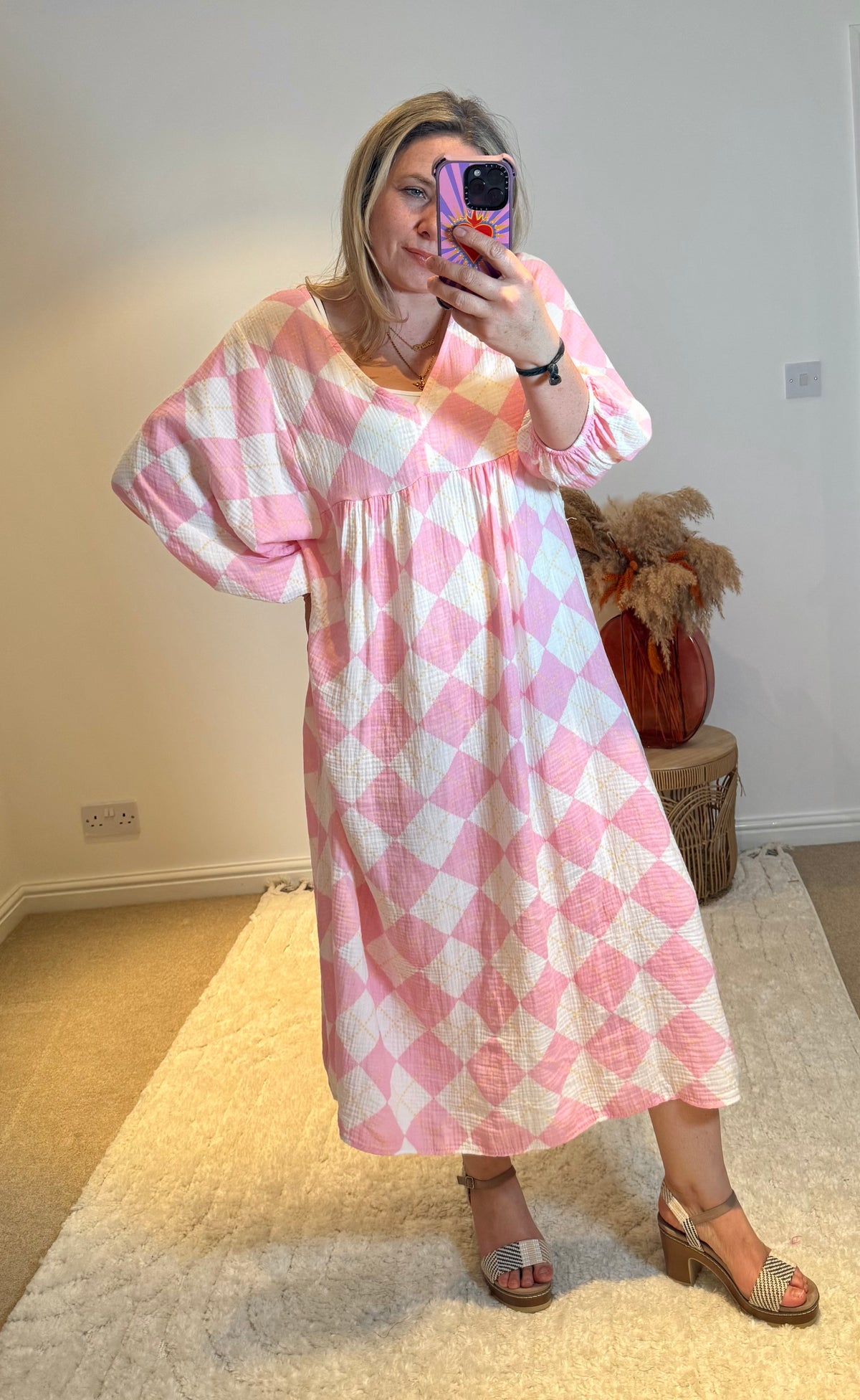 Checked Cheesecloth Long Smock Dress | Pale Pink