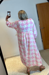 Checked Cheesecloth Long Smock Dress | Pale Pink