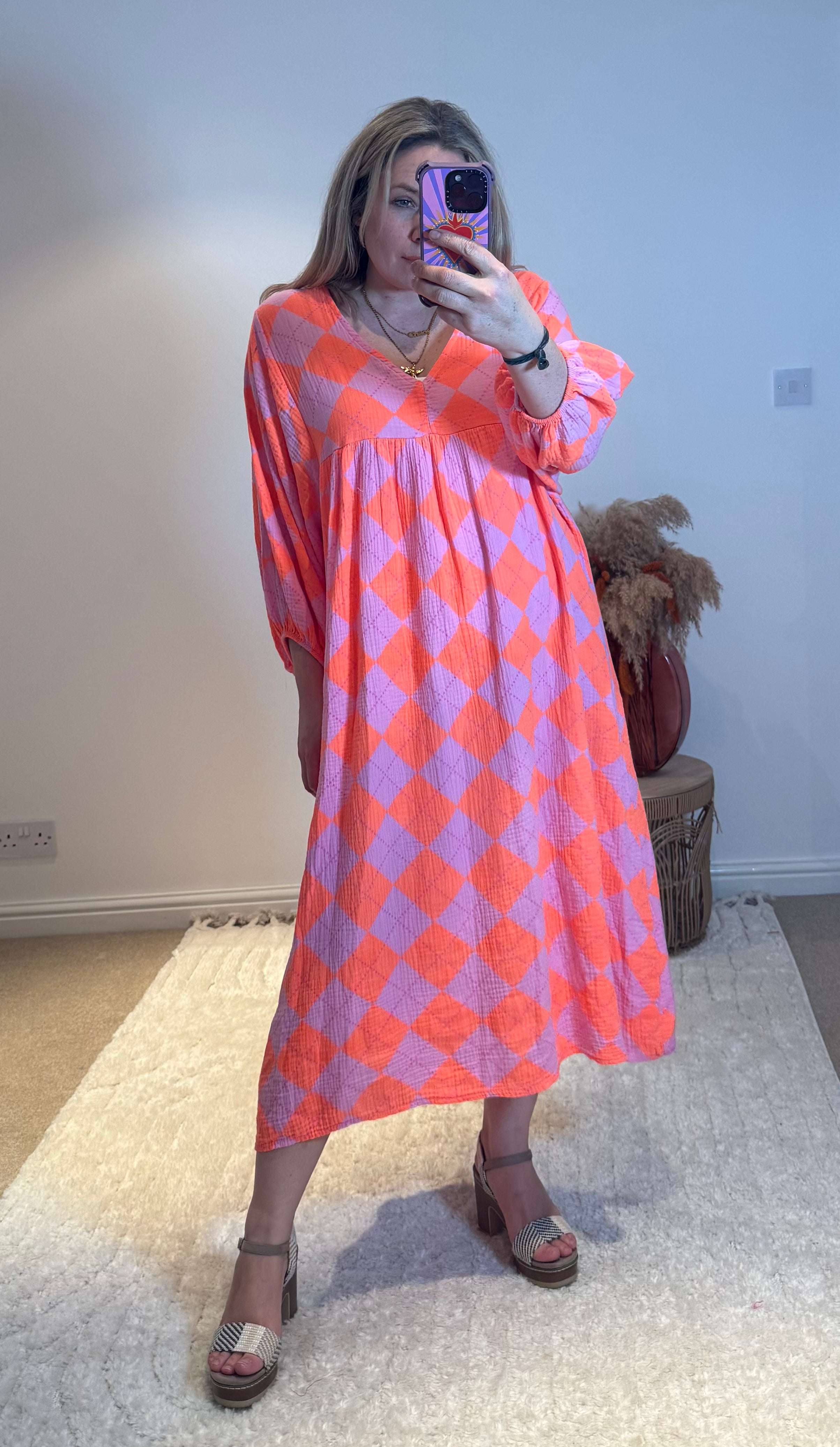 Checked Cheesecloth Long Smock Dress | Pink/Orange
