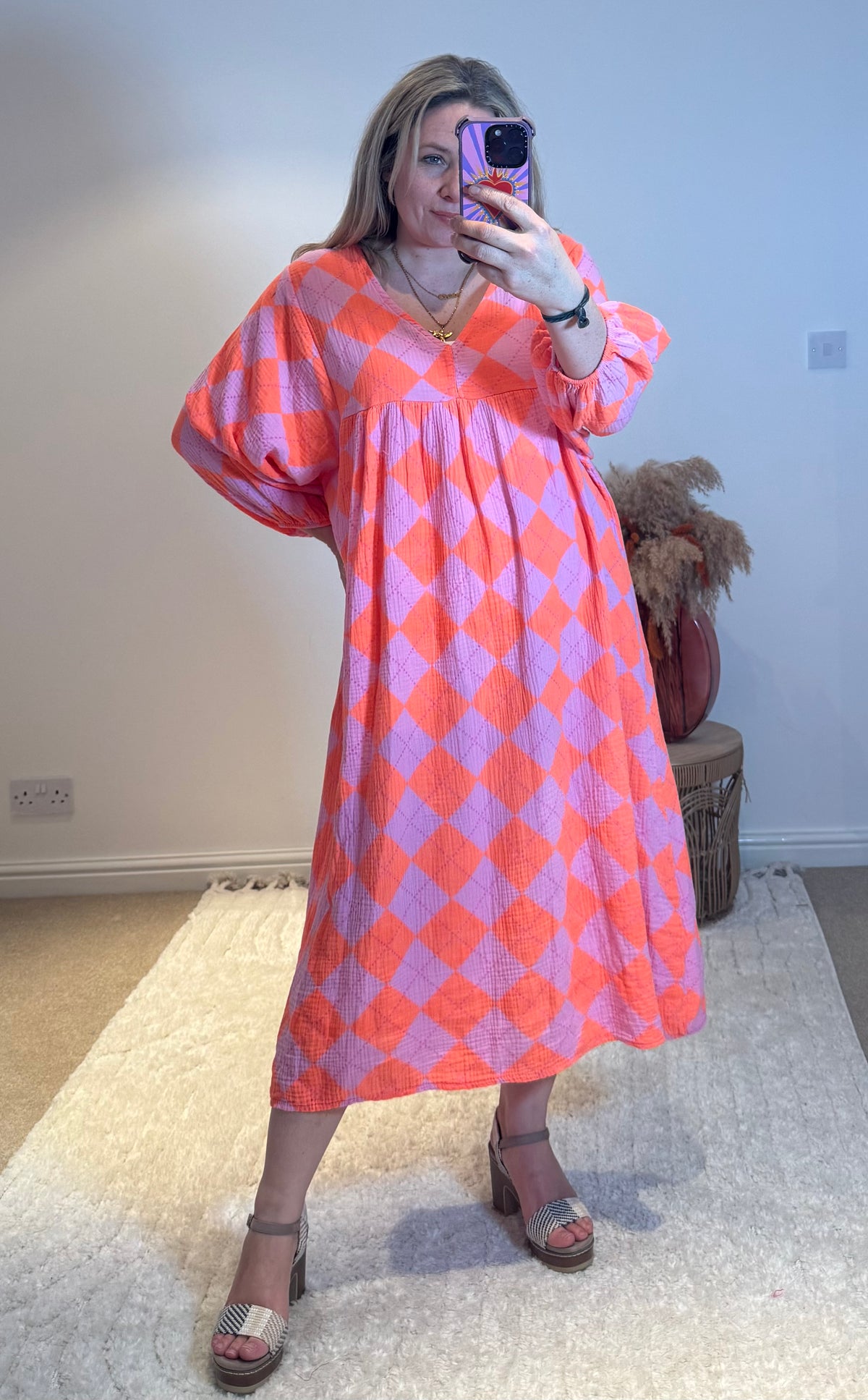 Checked Cheesecloth Long Smock Dress | Pink/Orange