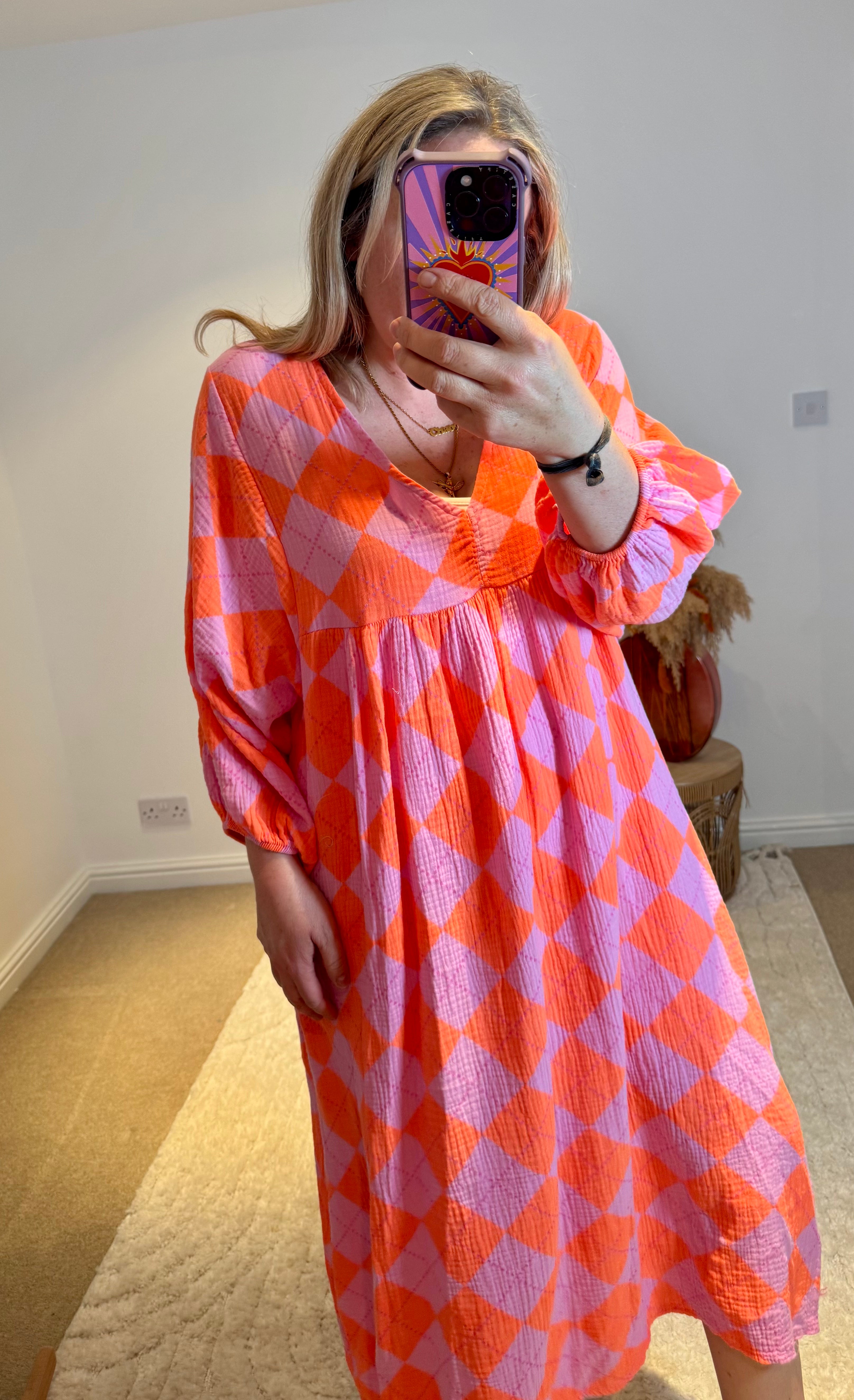 Checked Cheesecloth Long Smock Dress | Pink/Orange