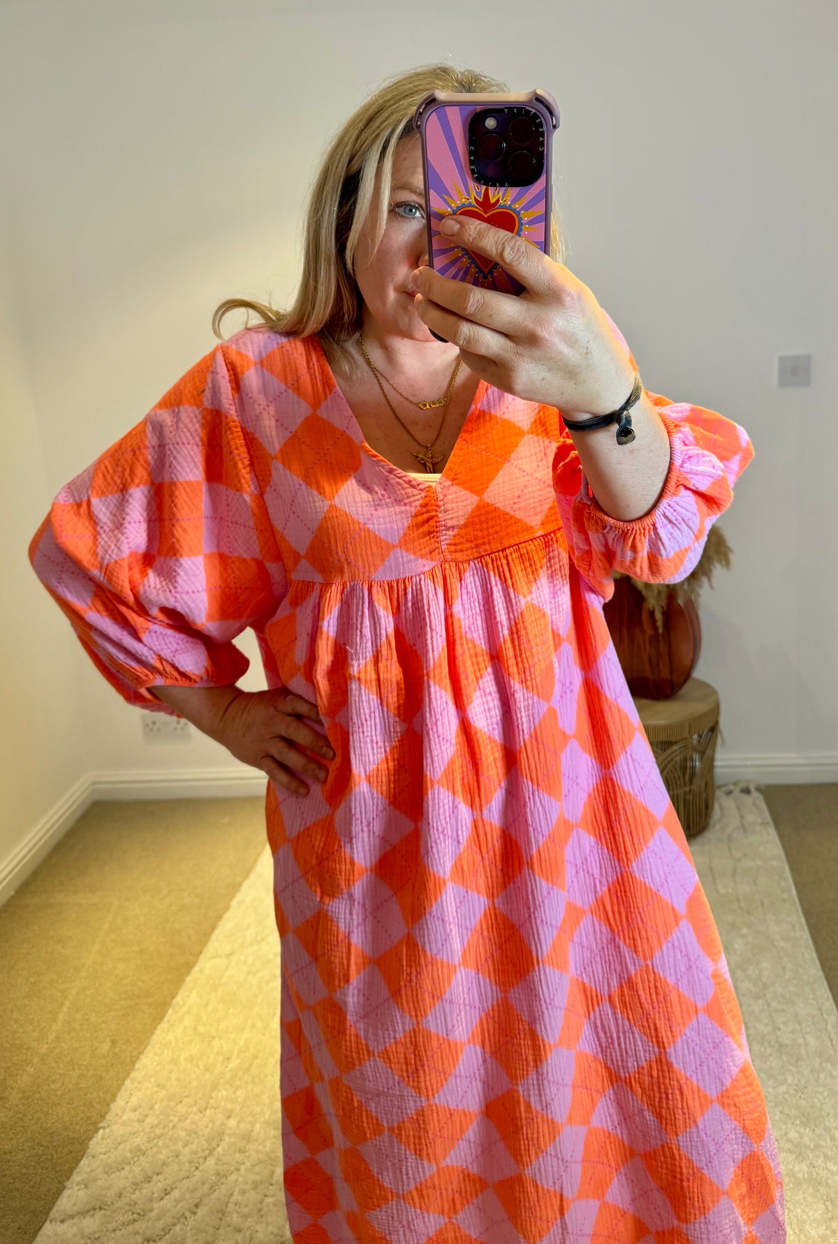 Checked Cheesecloth Long Smock Dress | Pink/Orange