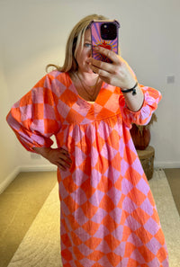 Checked Cheesecloth Long Smock Dress | Pink/Orange