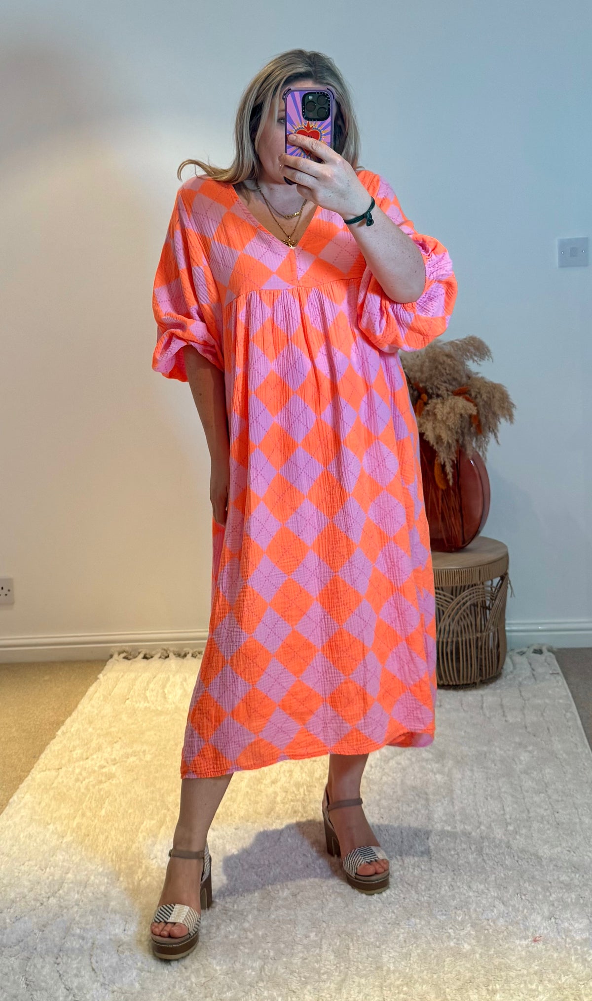 Checked Cheesecloth Long Smock Dress | Pink/Orange