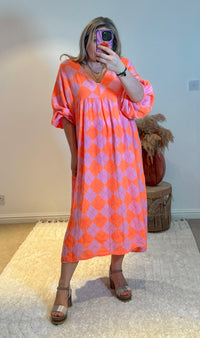 Checked Cheesecloth Long Smock Dress | Pink/Orange