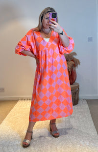 Checked Cheesecloth Long Smock Dress | Pink/Orange
