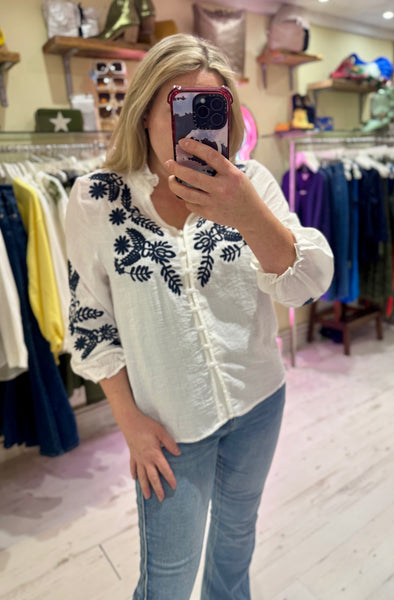 Embroidered Detail Ruffle Neck Boho Shirt | White/Navy