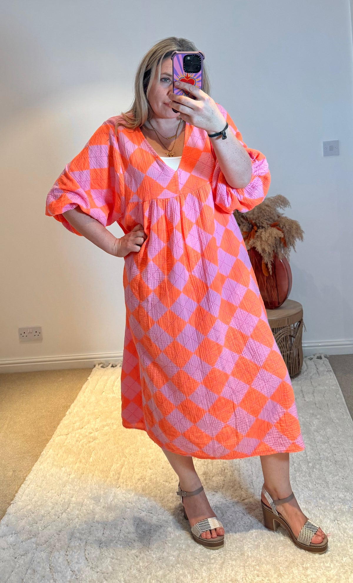 Checked Cheesecloth Long Smock Dress | Pink/Orange