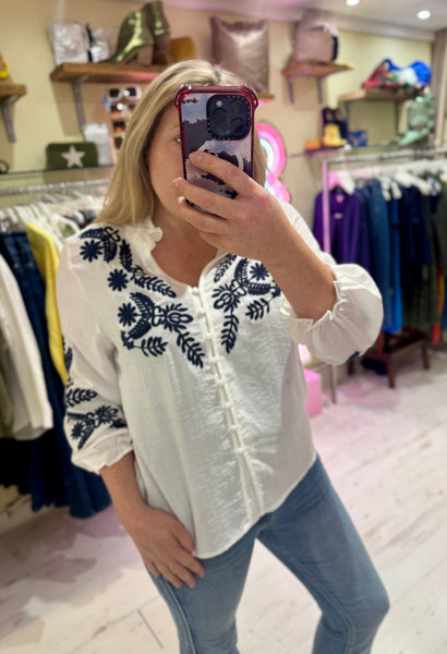 Embroidered Detail Ruffle Neck Boho Shirt | White/Navy