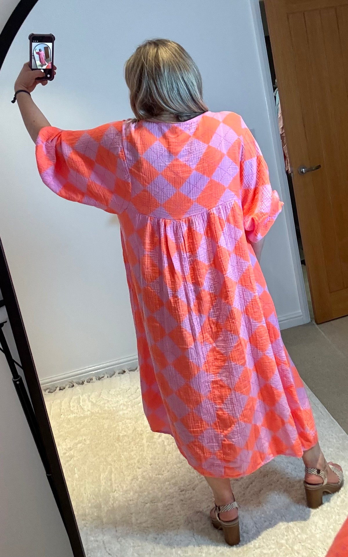 Checked Cheesecloth Long Smock Dress | Pink/Orange