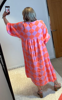 Checked Cheesecloth Long Smock Dress | Pink/Orange