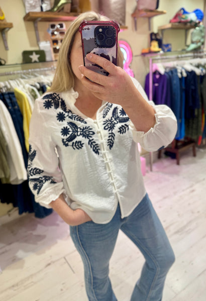 Embroidered Detail Ruffle Neck Boho Shirt | White/Navy