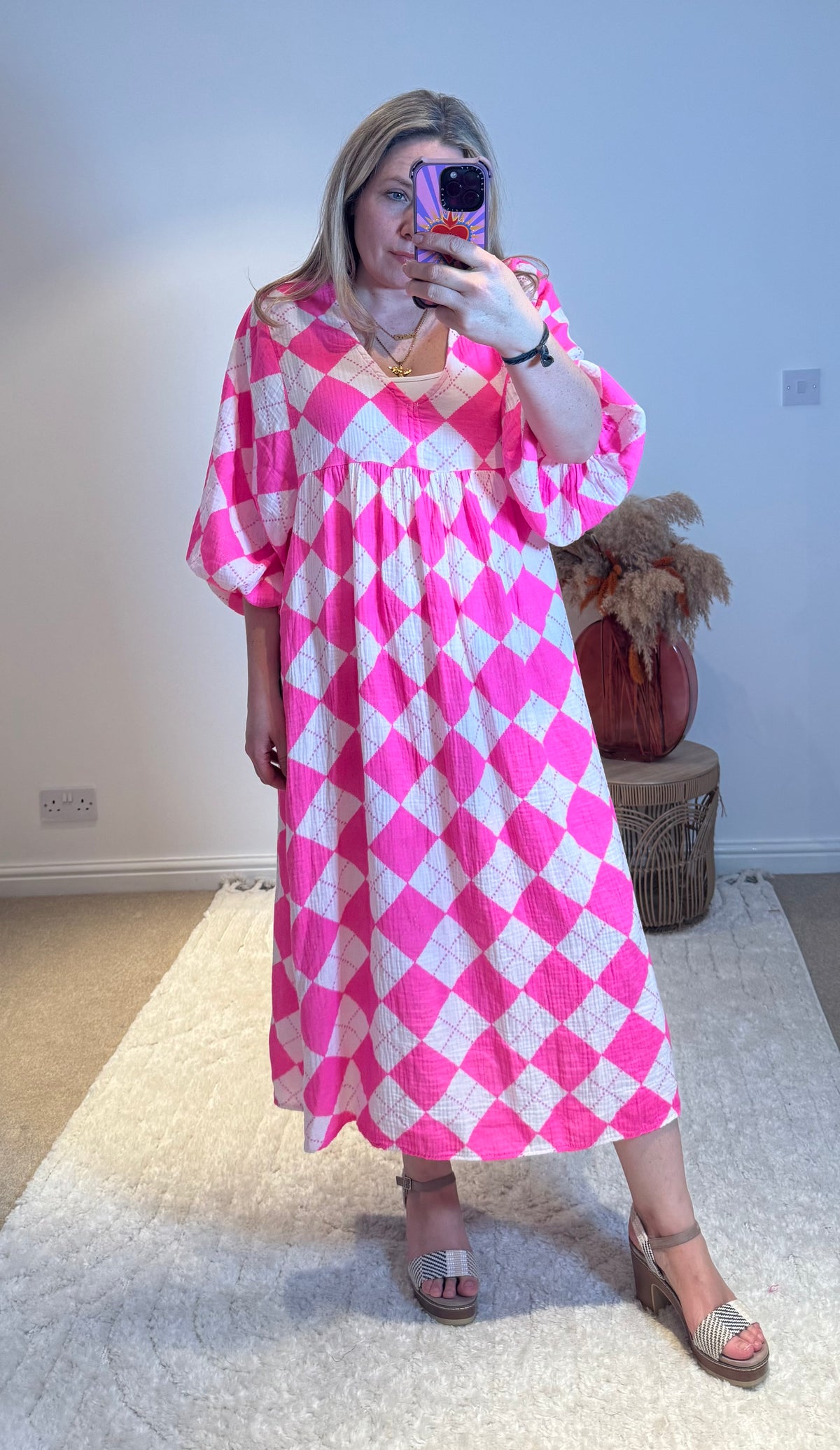 Checked Cheesecloth Long Smock Dress | Bright Pink/White