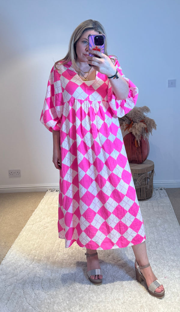 Checked Cheesecloth Long Smock Dress | Bright Pink/White