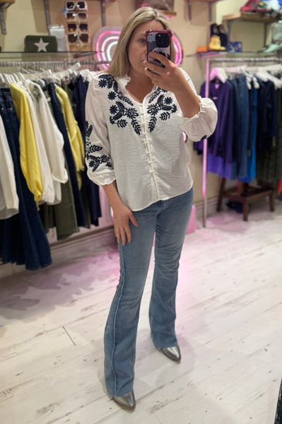 Embroidered Detail Ruffle Neck Boho Shirt | White/Navy