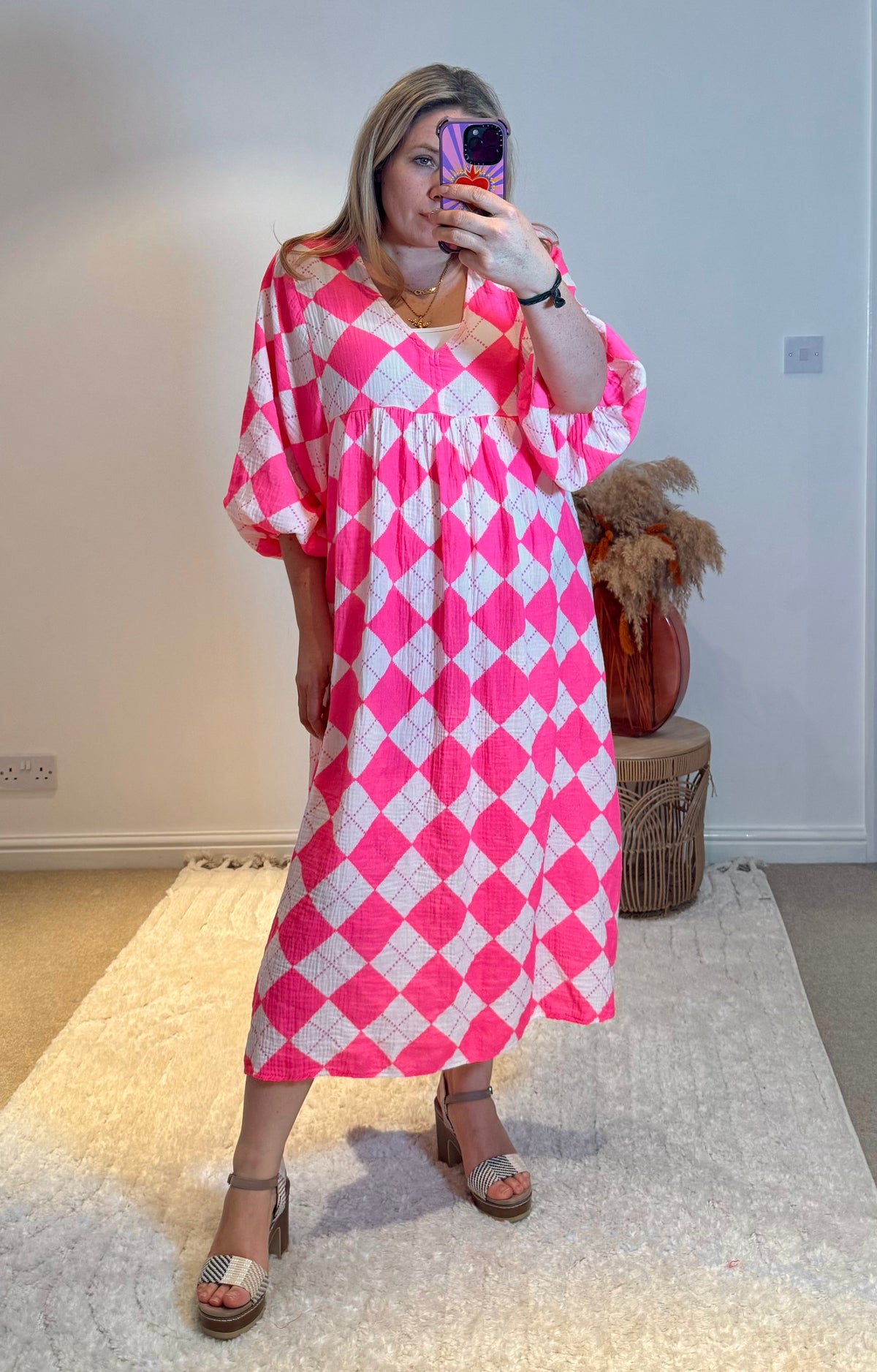 Checked Cheesecloth Long Smock Dress | Bright Pink/White