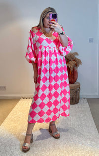 Checked Cheesecloth Long Smock Dress | Bright Pink/White