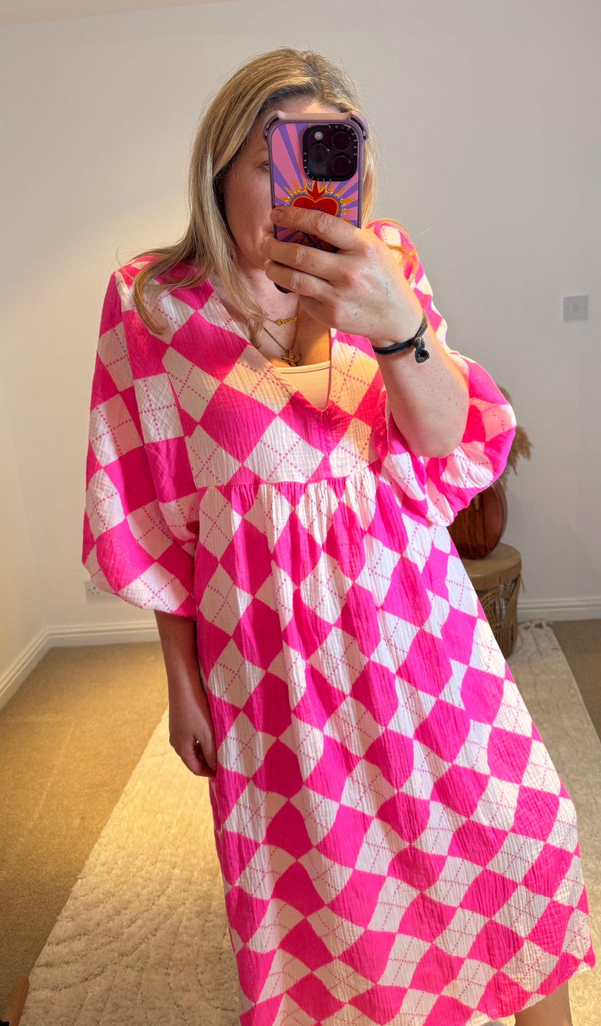 Checked Cheesecloth Long Smock Dress | Bright Pink/White