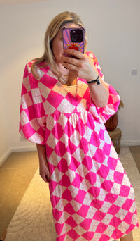 Checked Cheesecloth Long Smock Dress | Bright Pink/White