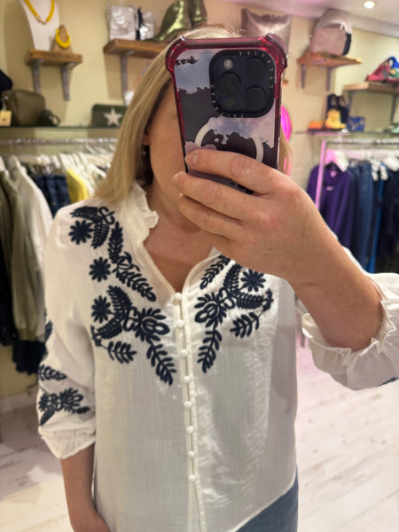 Embroidered Detail Ruffle Neck Boho Shirt | White/Navy