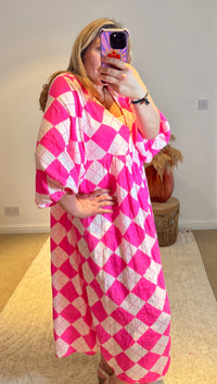 Checked Cheesecloth Long Smock Dress | Bright Pink/White