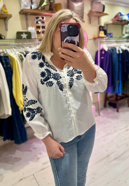 Embroidered Detail Ruffle Neck Boho Shirt | White/Navy