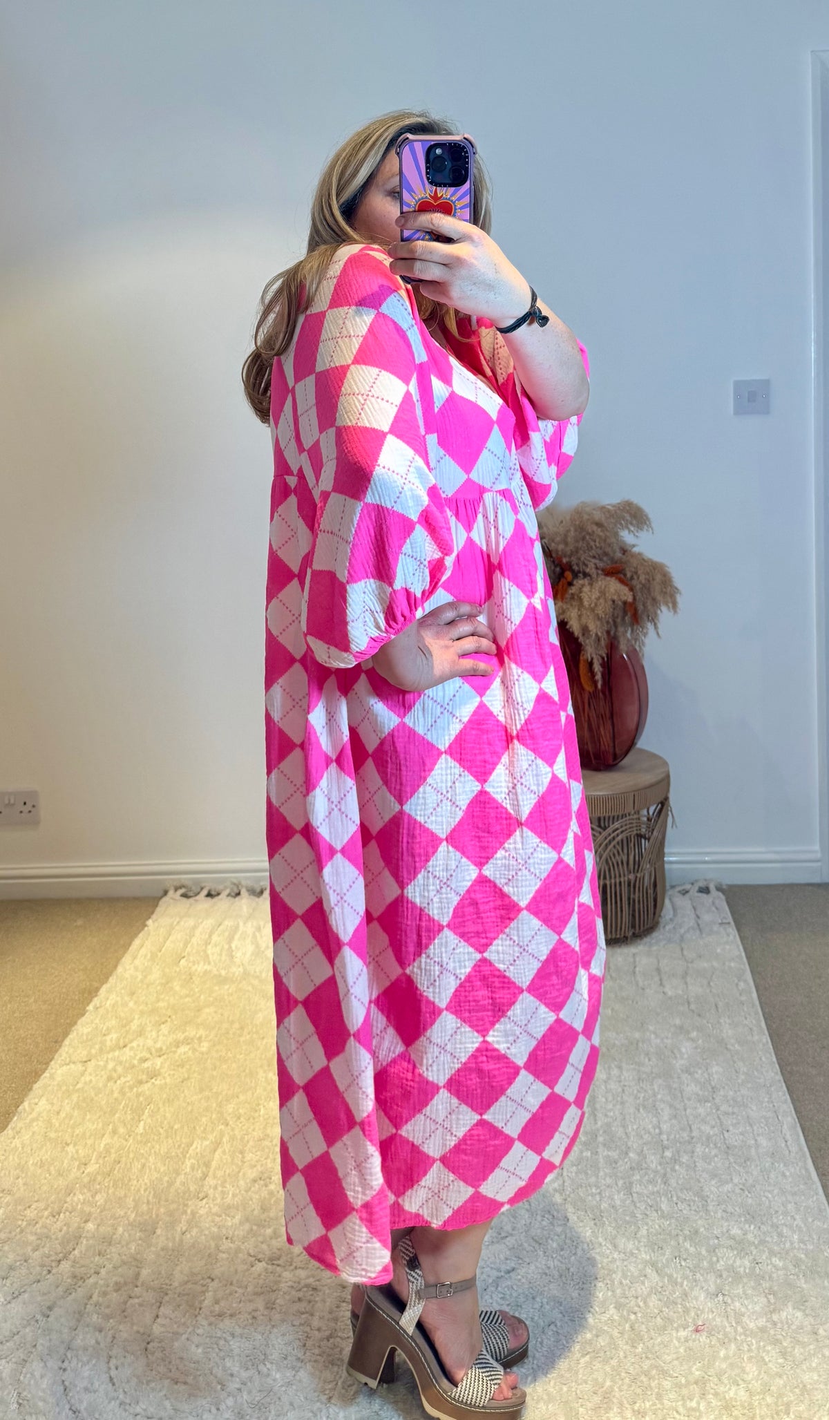 Checked Cheesecloth Long Smock Dress | Bright Pink/White