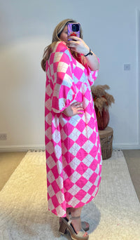 Checked Cheesecloth Long Smock Dress | Bright Pink/White