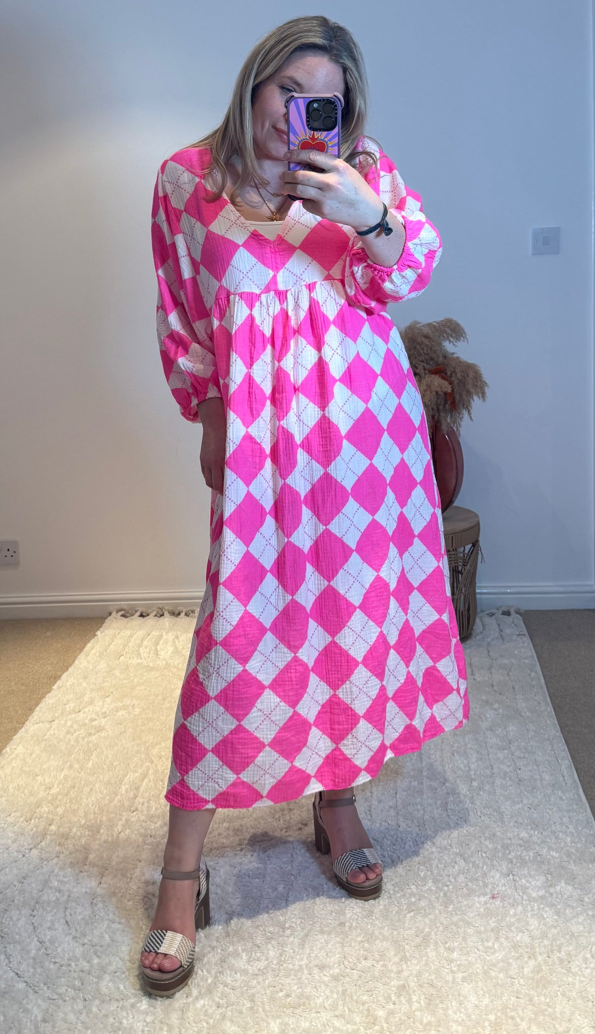 Checked Cheesecloth Long Smock Dress | Bright Pink/White