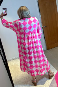 Checked Cheesecloth Long Smock Dress | Bright Pink/White