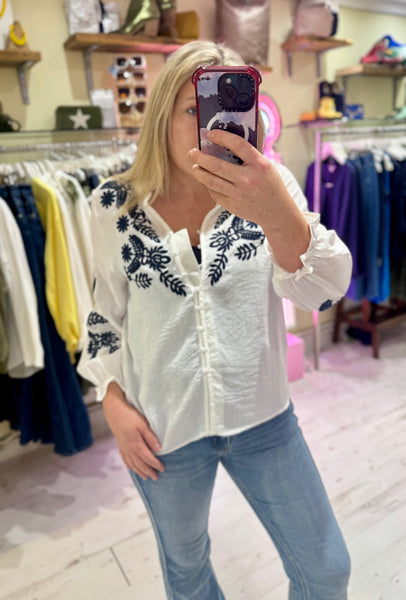 Embroidered Detail Ruffle Neck Boho Shirt | White/Navy