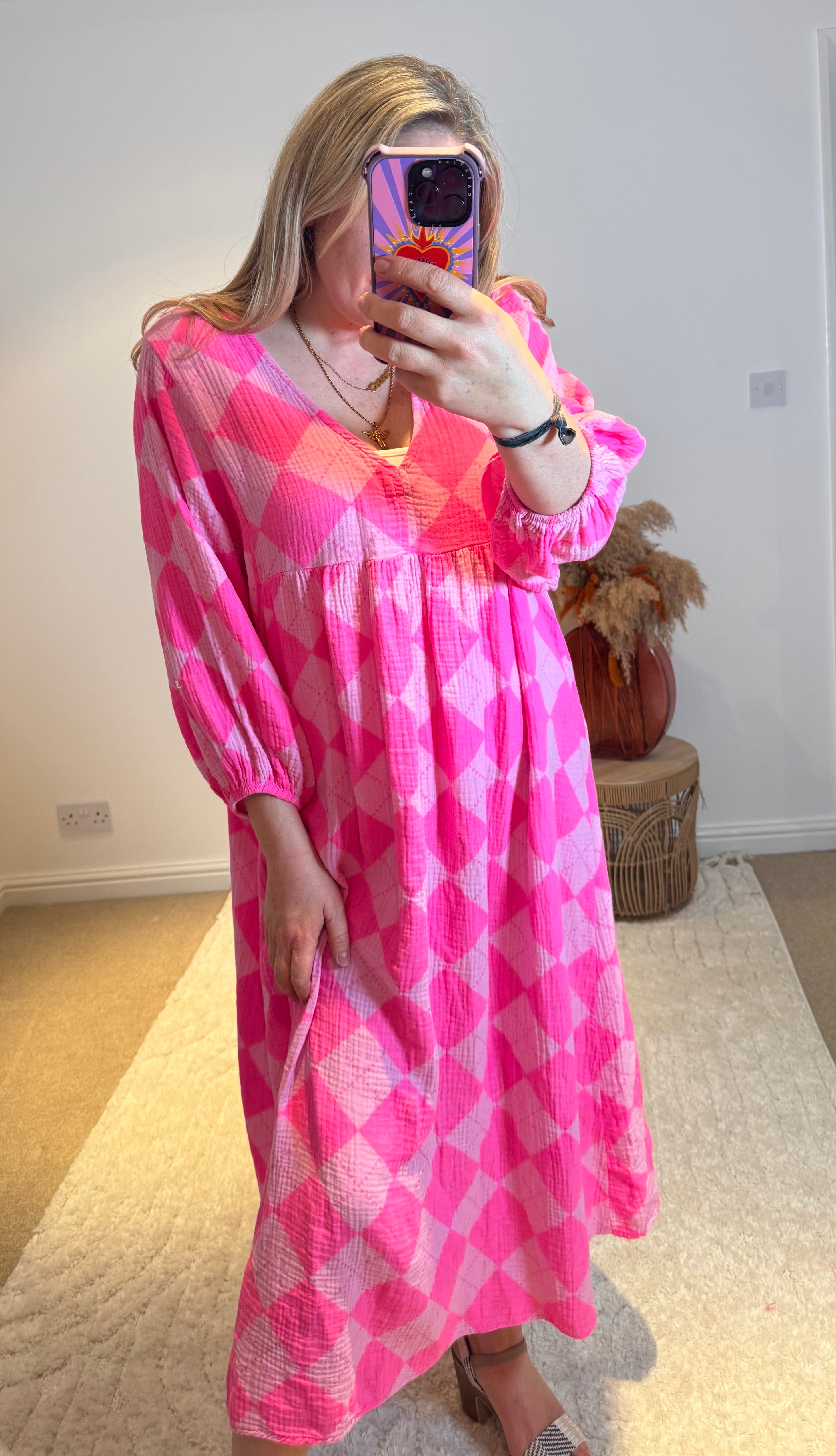 Checked Cheesecloth Long Smock Dress | Bright Pink/Light Pink