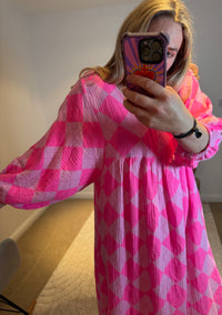 Checked Cheesecloth Long Smock Dress | Bright Pink/Light Pink