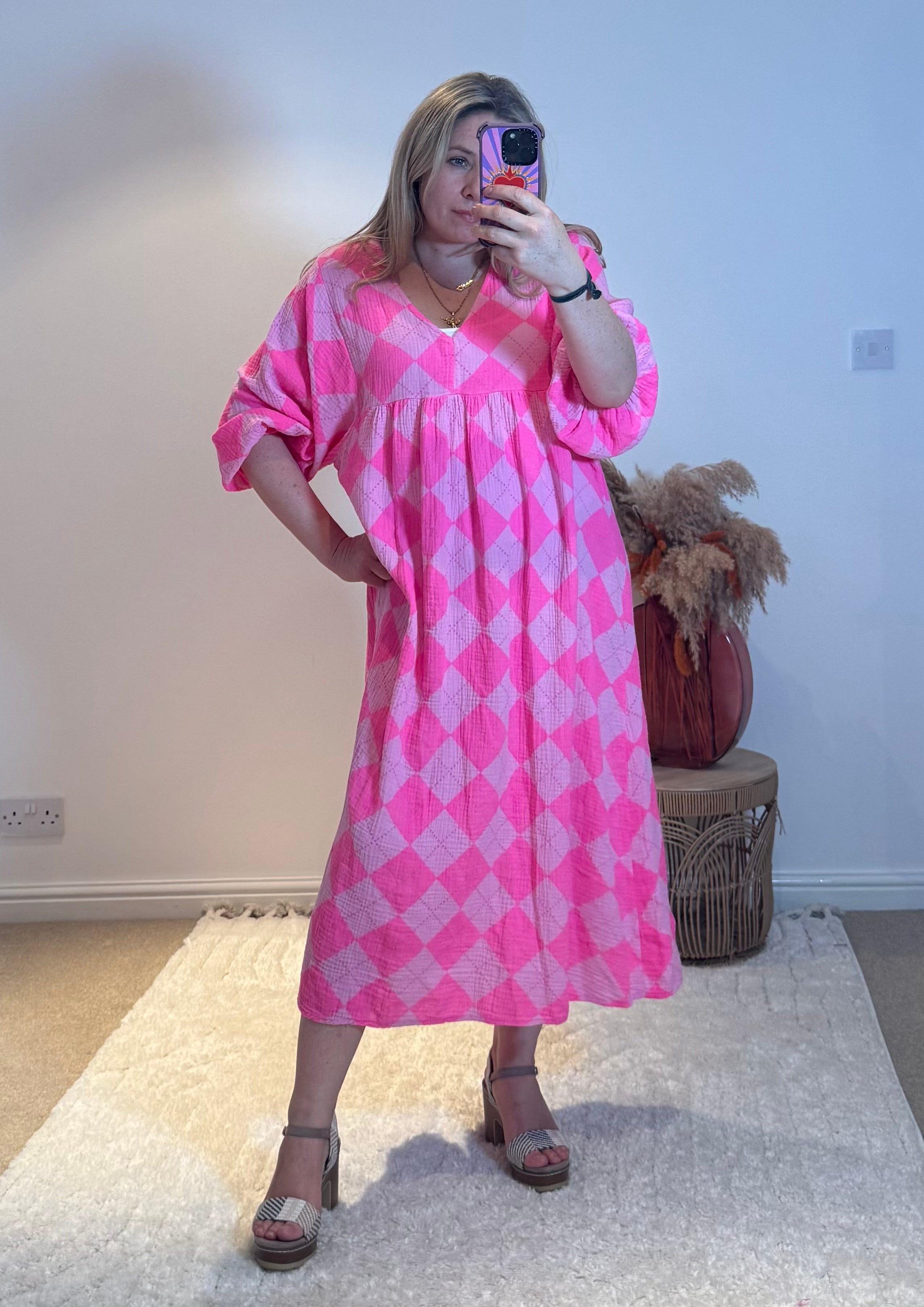 Checked Cheesecloth Long Smock Dress | Bright Pink/Light Pink