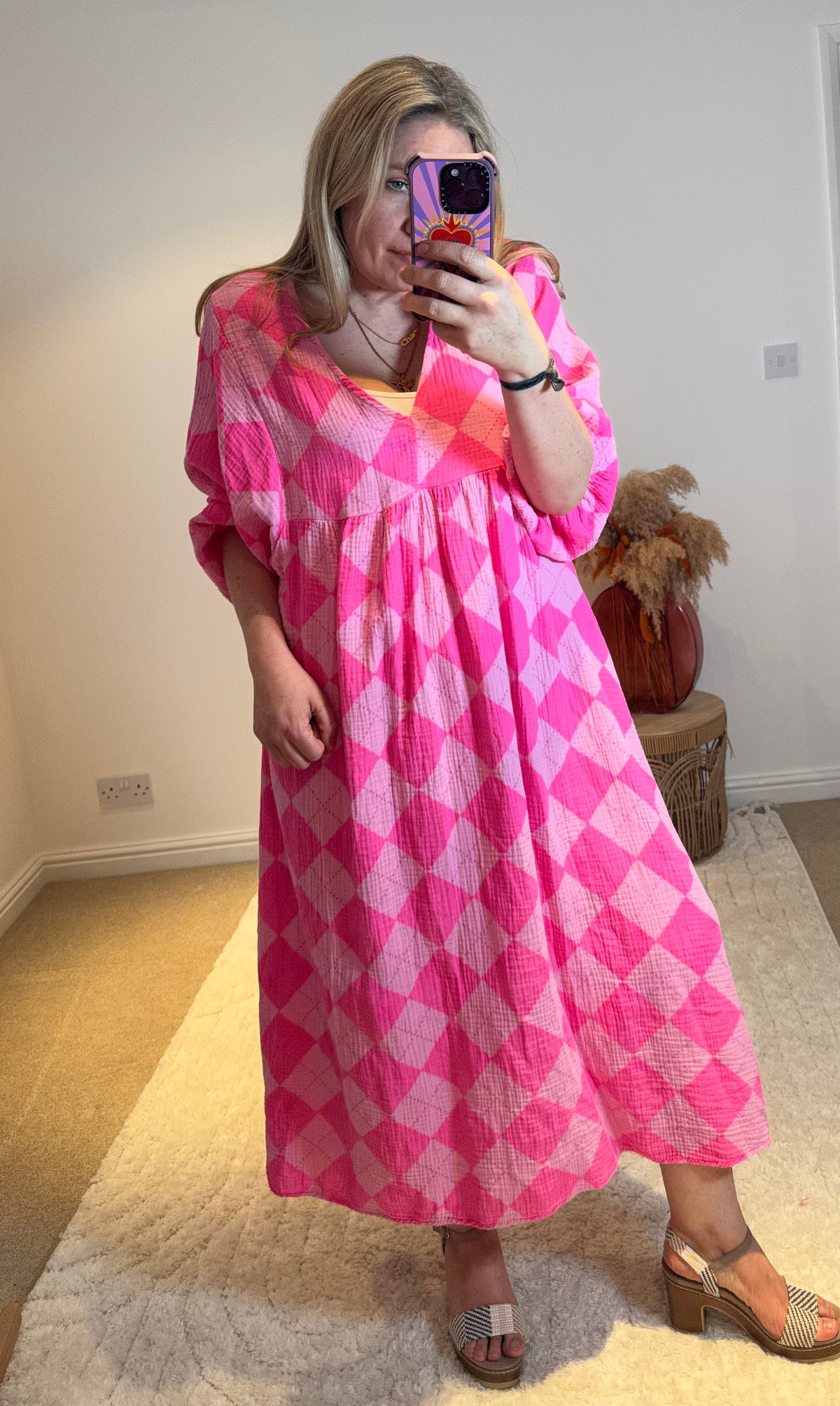 Checked Cheesecloth Long Smock Dress | Bright Pink/Light Pink