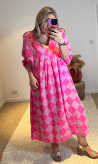 Checked Cheesecloth Long Smock Dress | Bright Pink/Light Pink